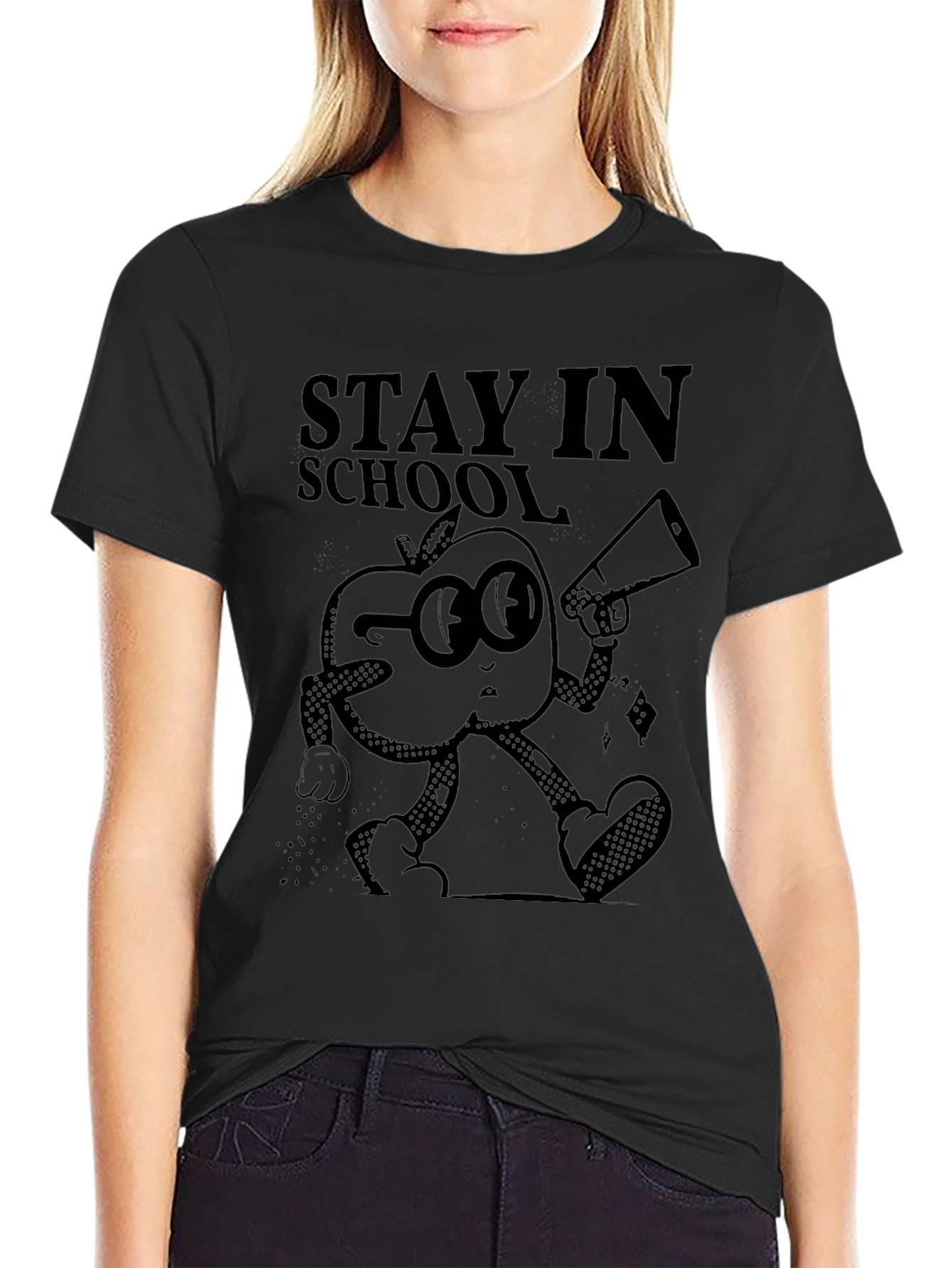 Stay in School Apple Graphic Black T-Shirt