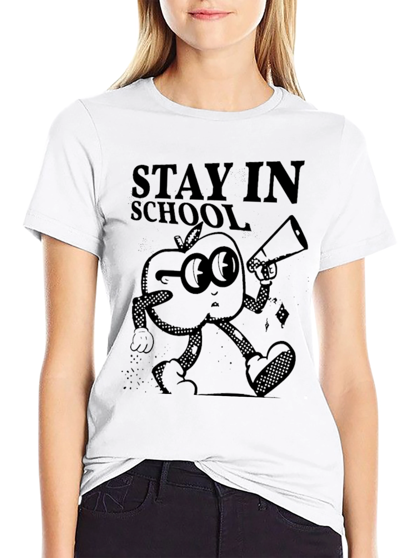 Stay in School Apple Graphic Black T-Shirt