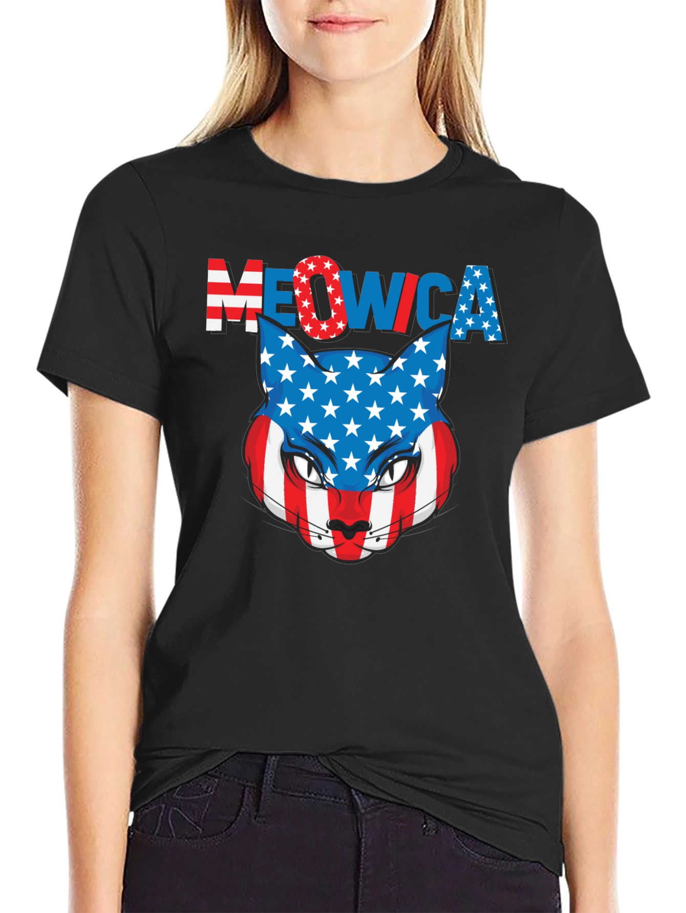 Meowica Patriotic Cat USA Flag Graphic T-Shirt