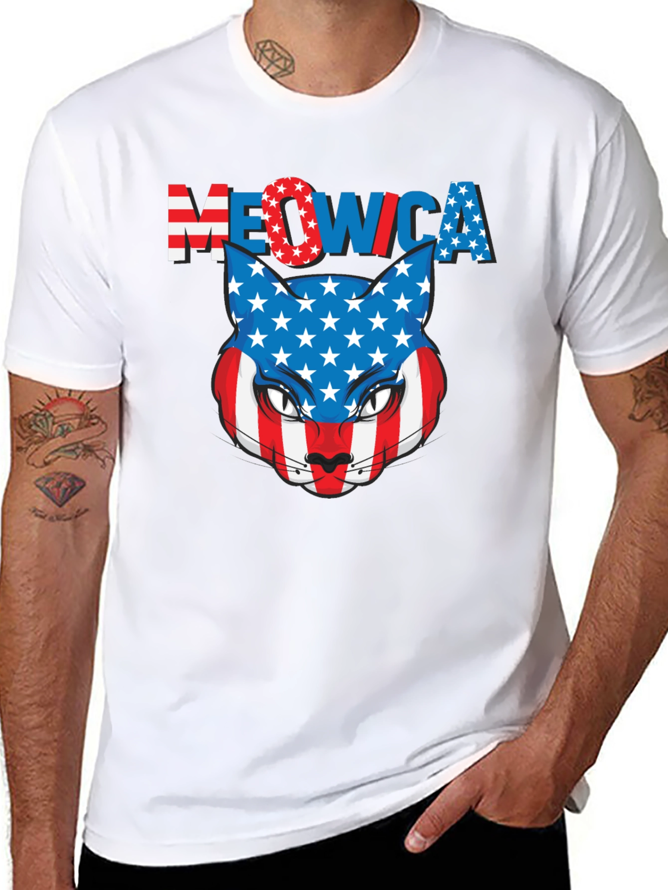 Meowica Patriotic Cat USA Flag Graphic T-Shirt