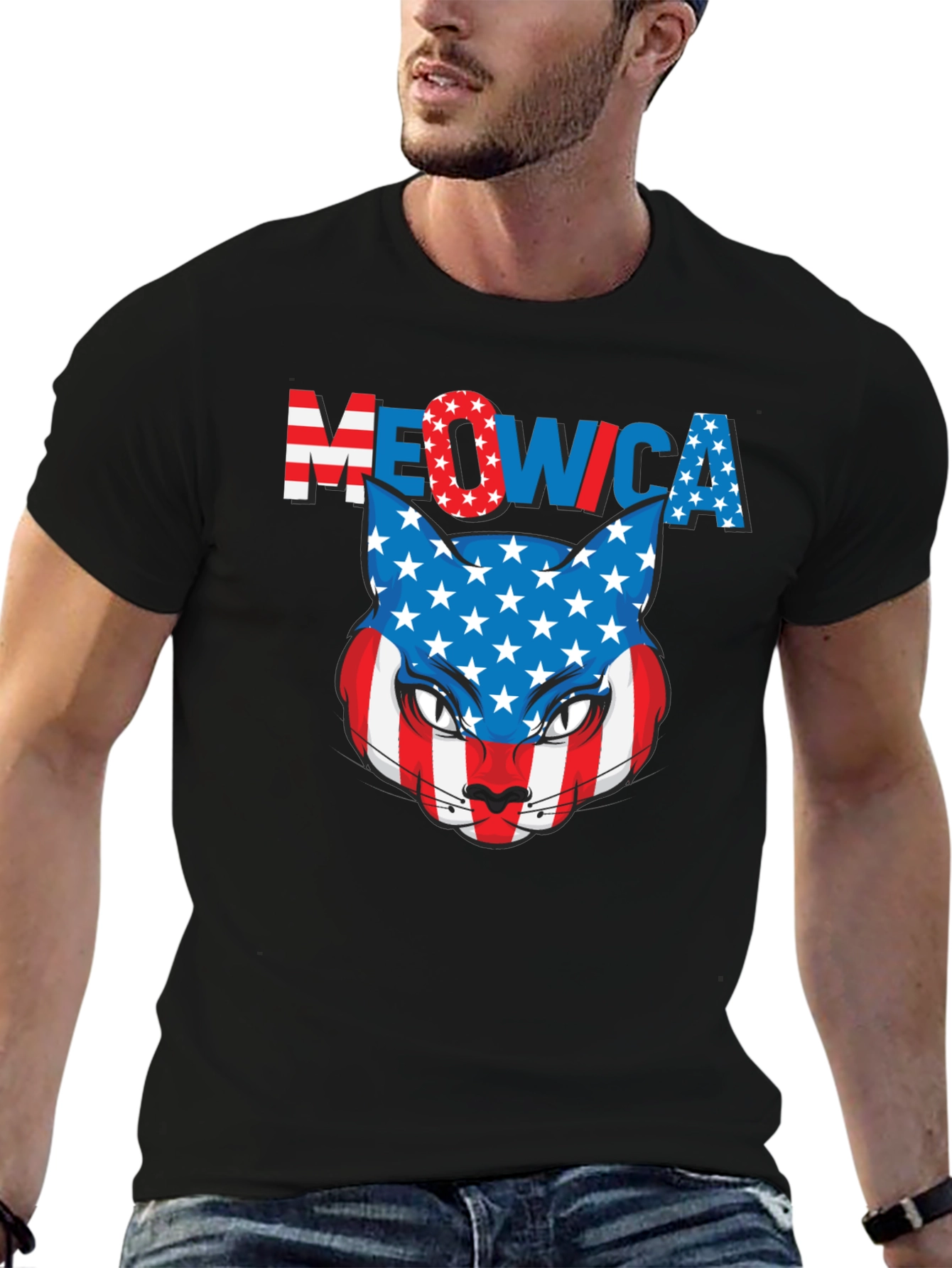 Meowica Patriotic Cat USA Flag Graphic T-Shirt