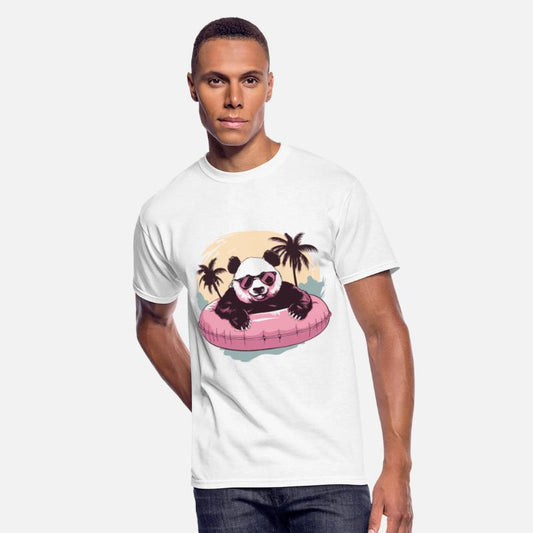 Panda with sunglasses a pink swimming ring in Pool