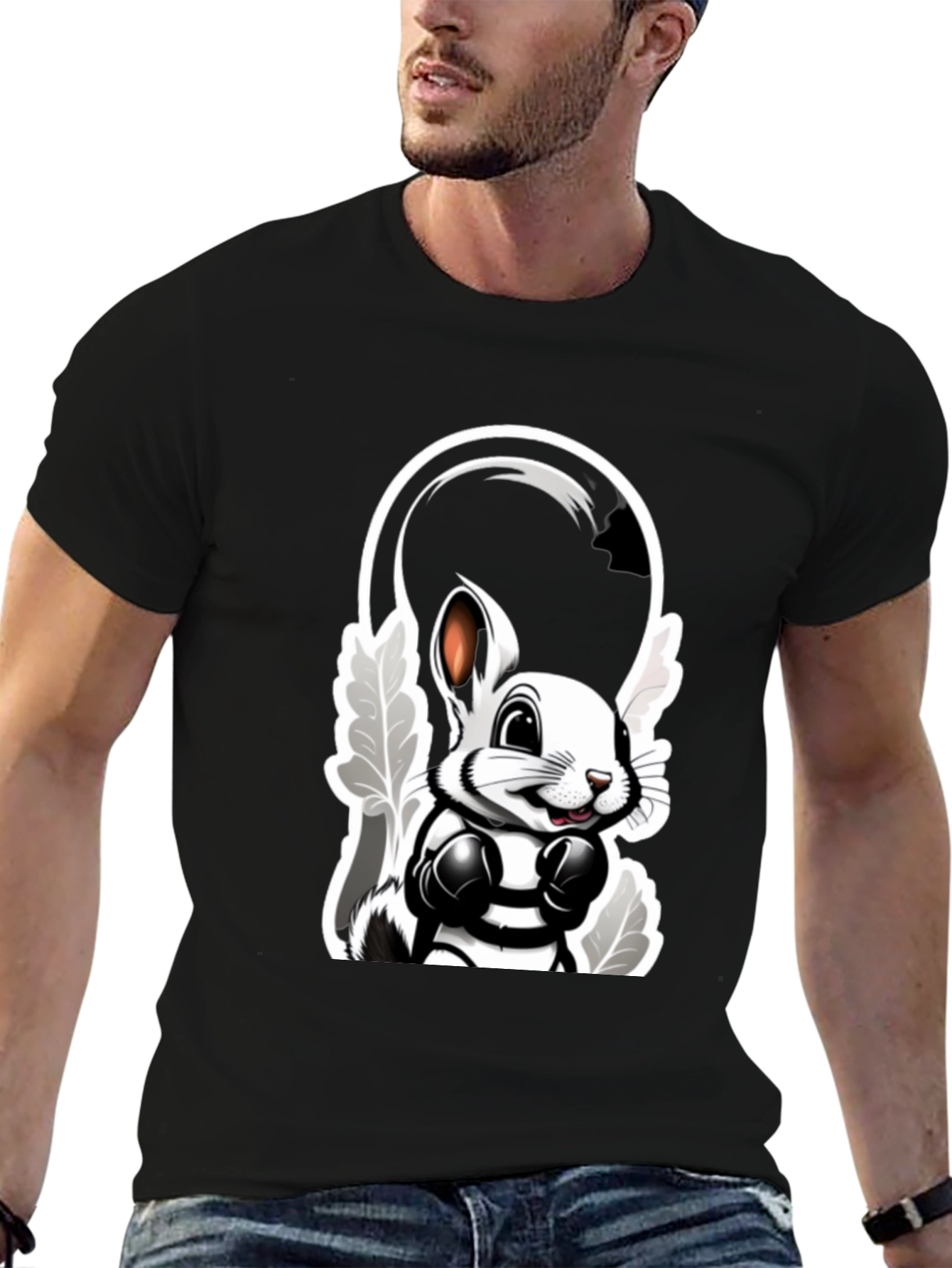 Cool Cartoon Bunny Boxer Black T-Shirt