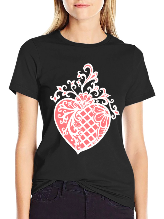 Elegant Heart Graphic Tee - Stylish Black Cotton Blend Shirt