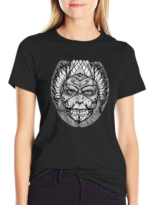 Intricate Graphic Tee: Mysterious Face Design