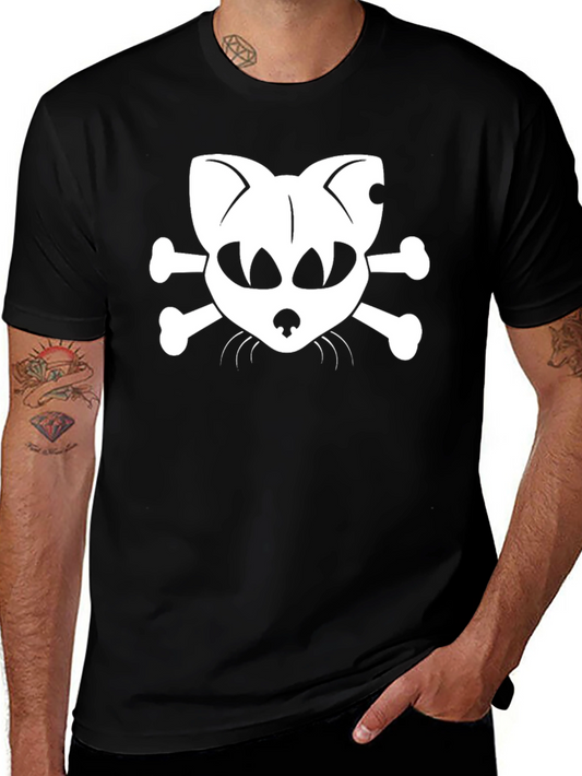 Cat Skull & Crossbones Graphic T-Shirt - Black Cotton Tee