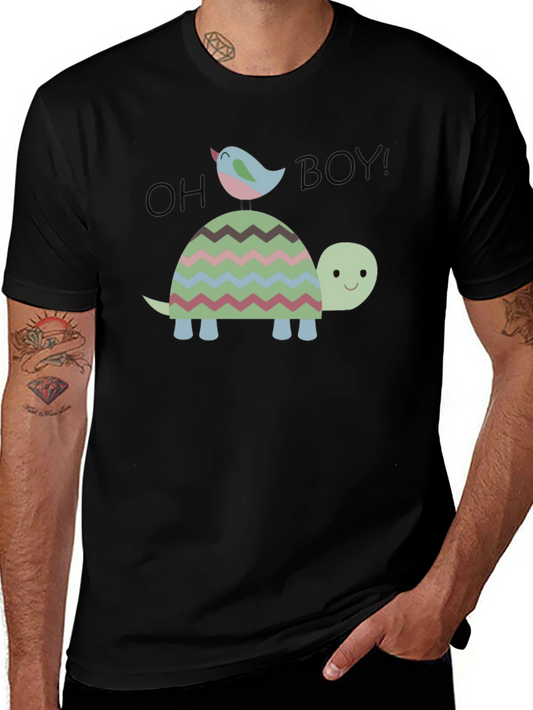 Whimsical Turtle & Bird Graphic Tee - Mens Black Cotton T-Shirt