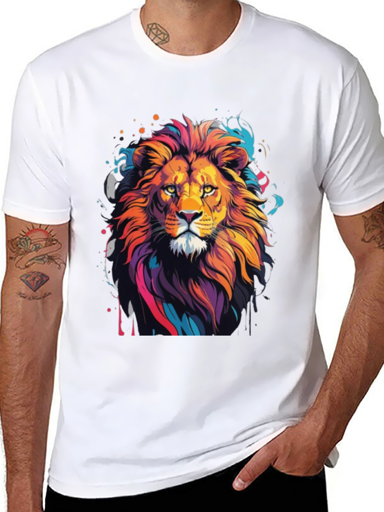 Vibrant Lion Graphic Tee - Artistic Mens T-Shirt