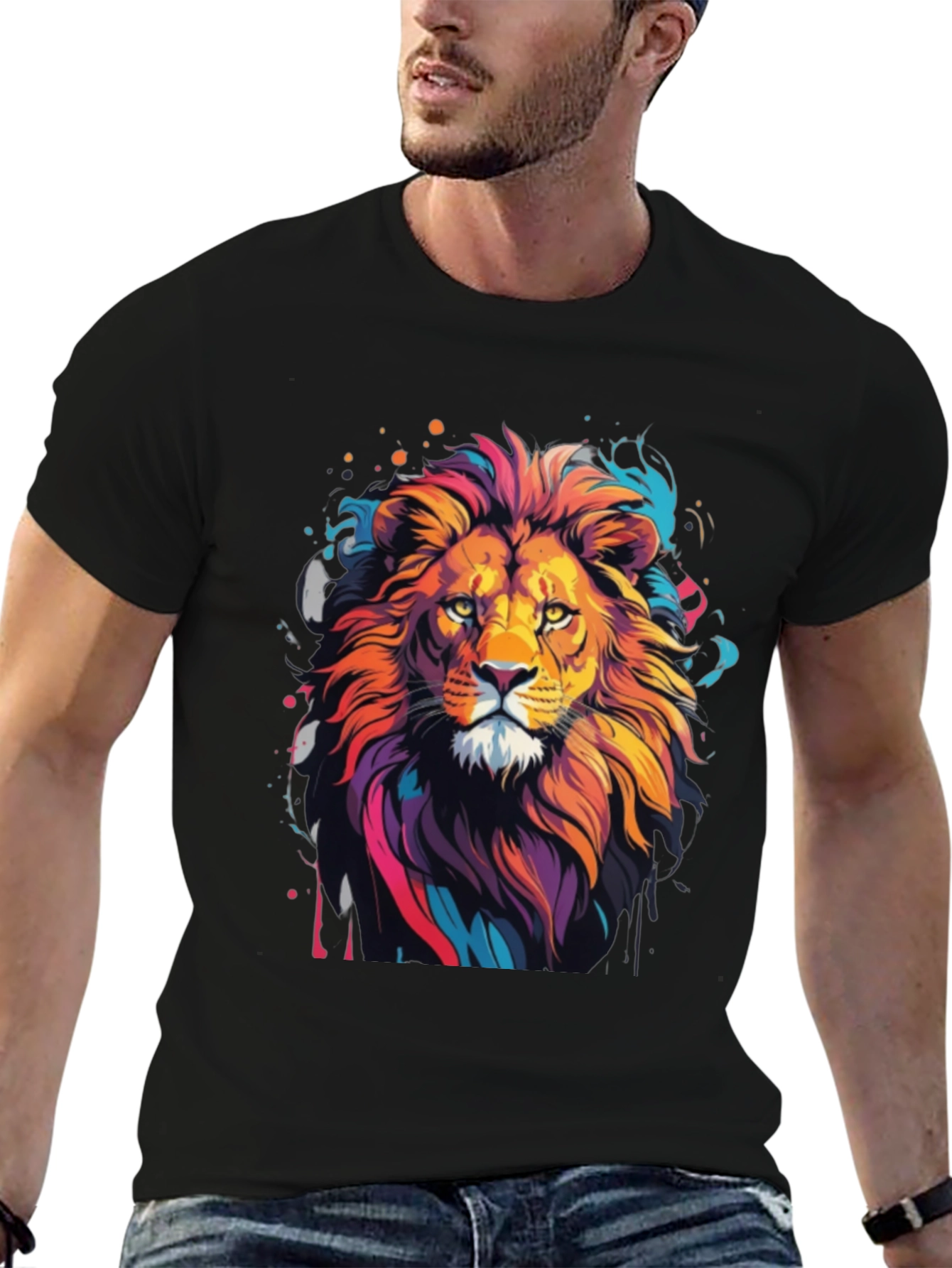 Vibrant Lion Graphic Tee - Artistic Mens T-Shirt