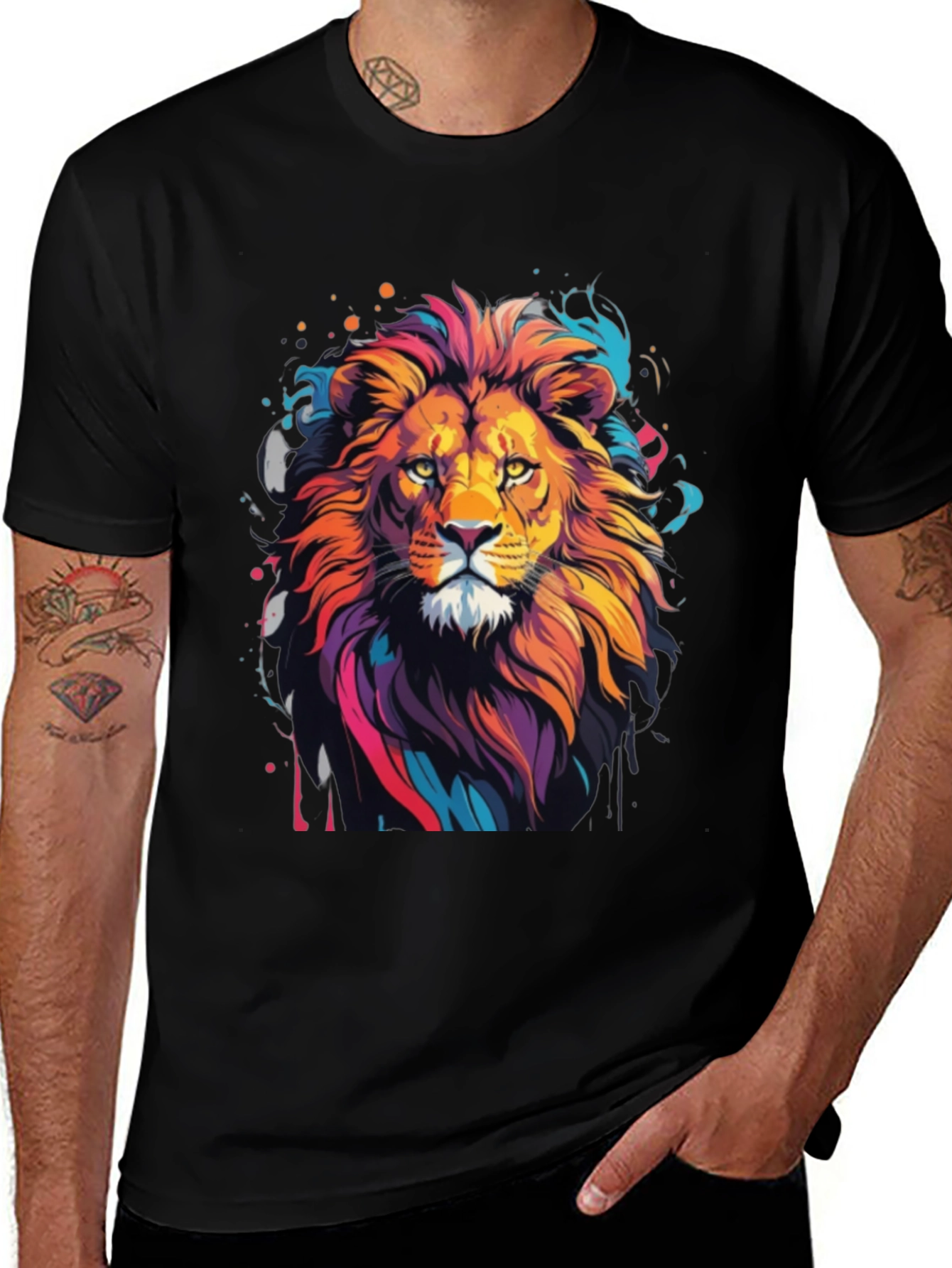 Vibrant Lion Graphic Tee - Artistic Mens T-Shirt