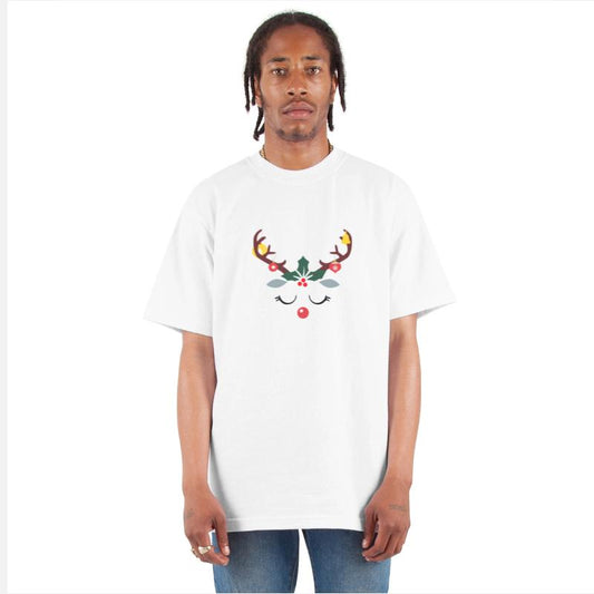 Reindeer face with christmas lights and tree leave