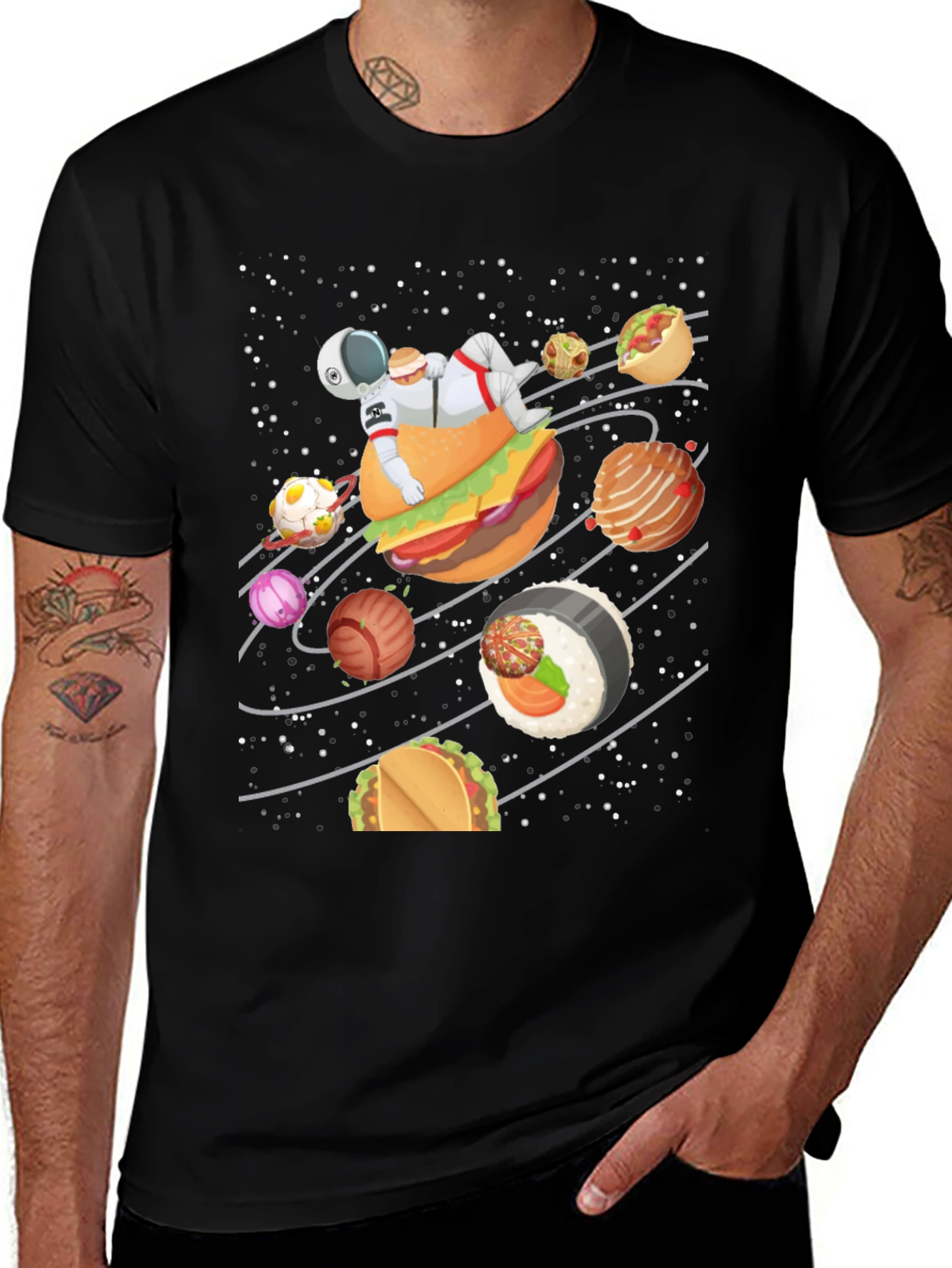 Food Galaxy T-Shirt - Astronaut & Planets Design