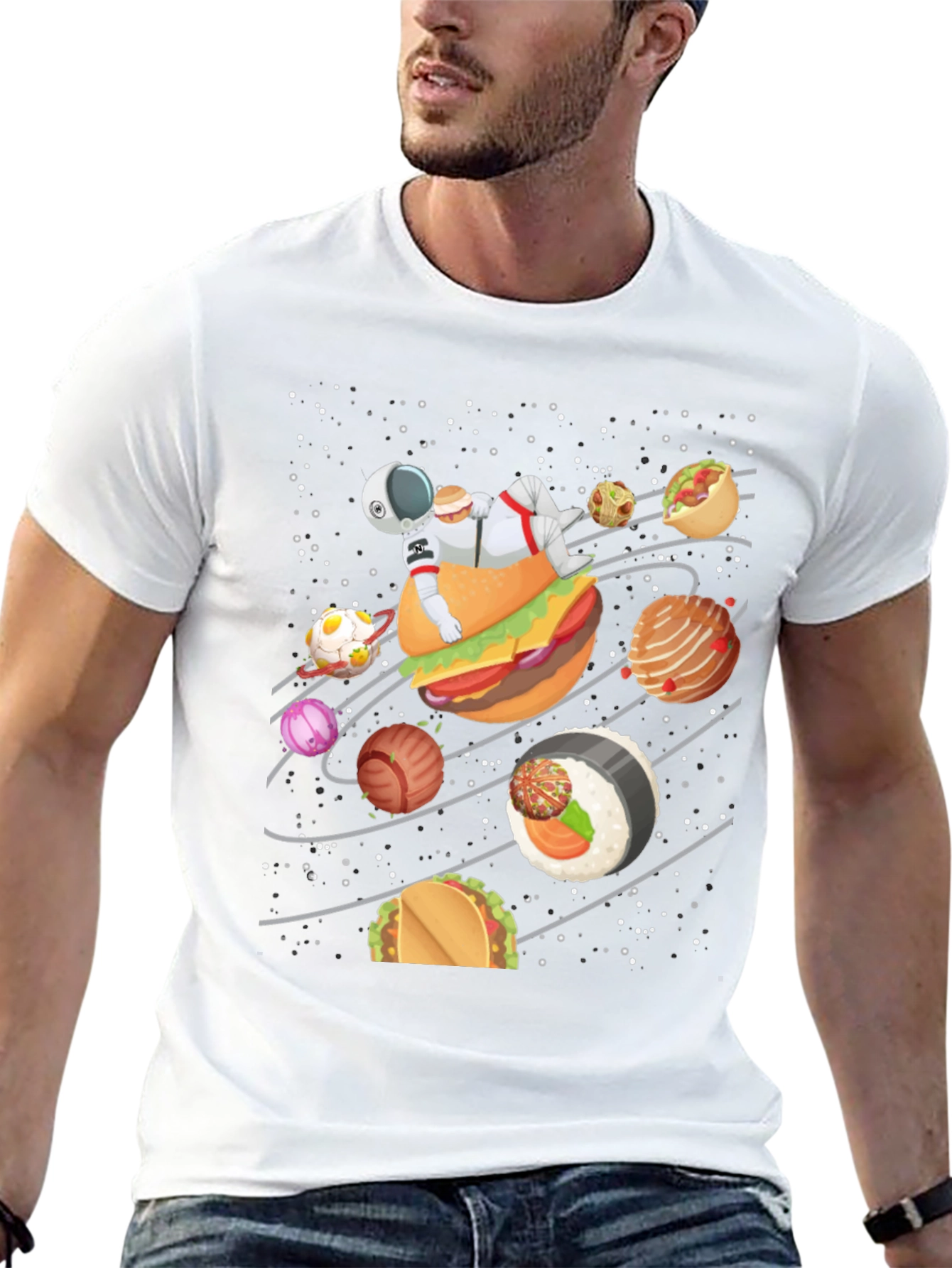 Food Galaxy T-Shirt - Astronaut & Planets Design