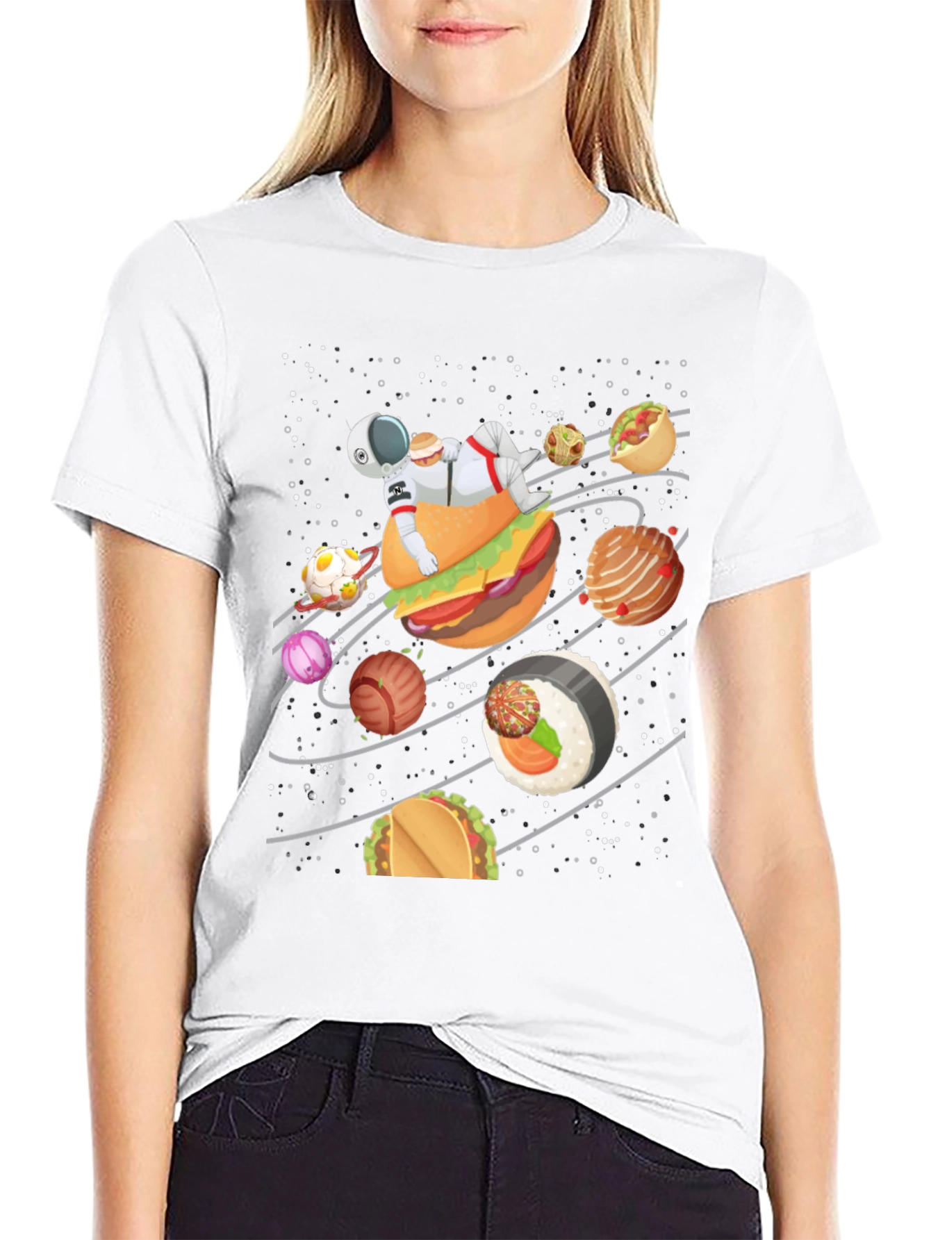 Food Galaxy T-Shirt - Astronaut & Planets Design