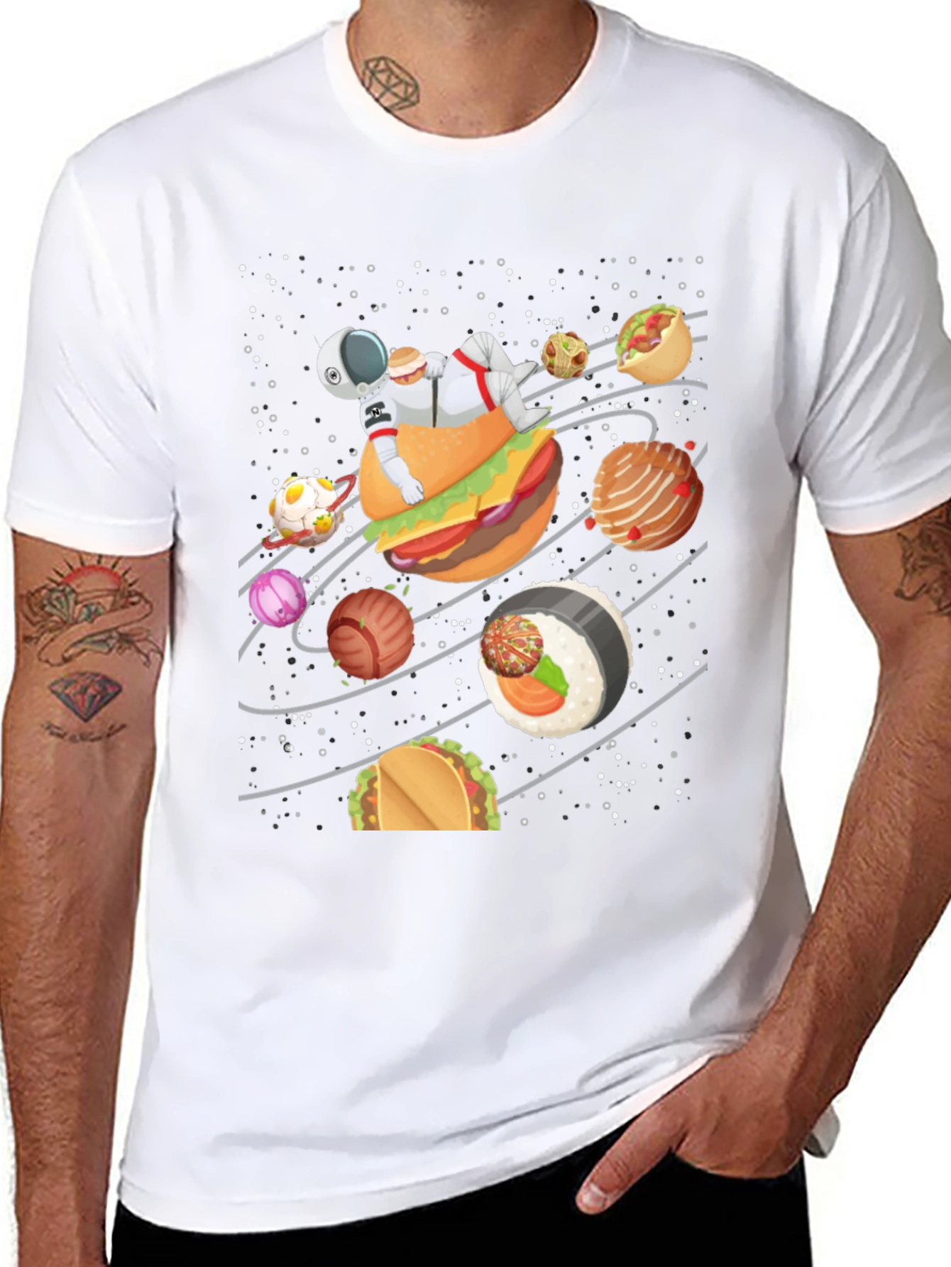 Food Galaxy T-Shirt - Astronaut & Planets Design