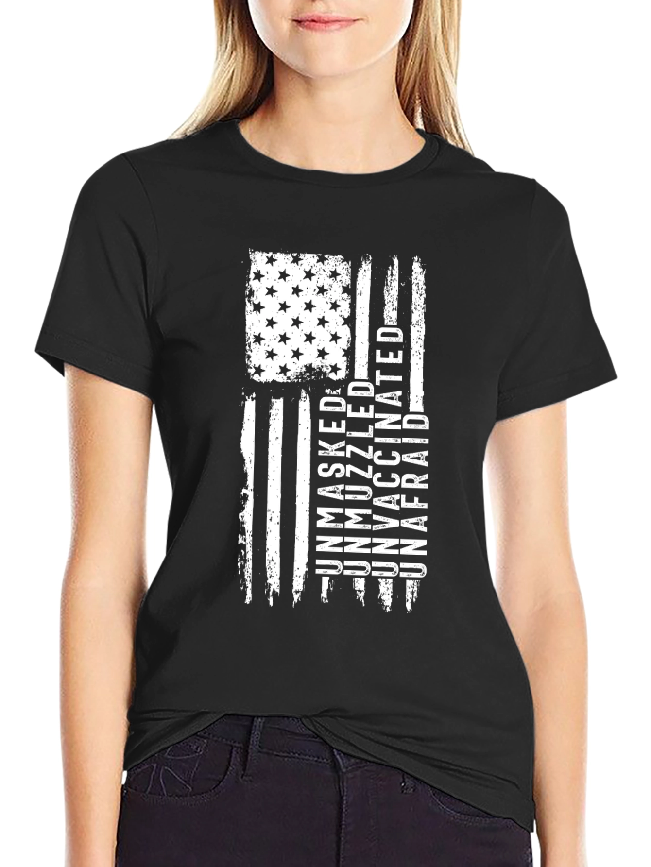 Unmasked Unmuzzled Unvaccinated Unafraid American Flag T-Shirt