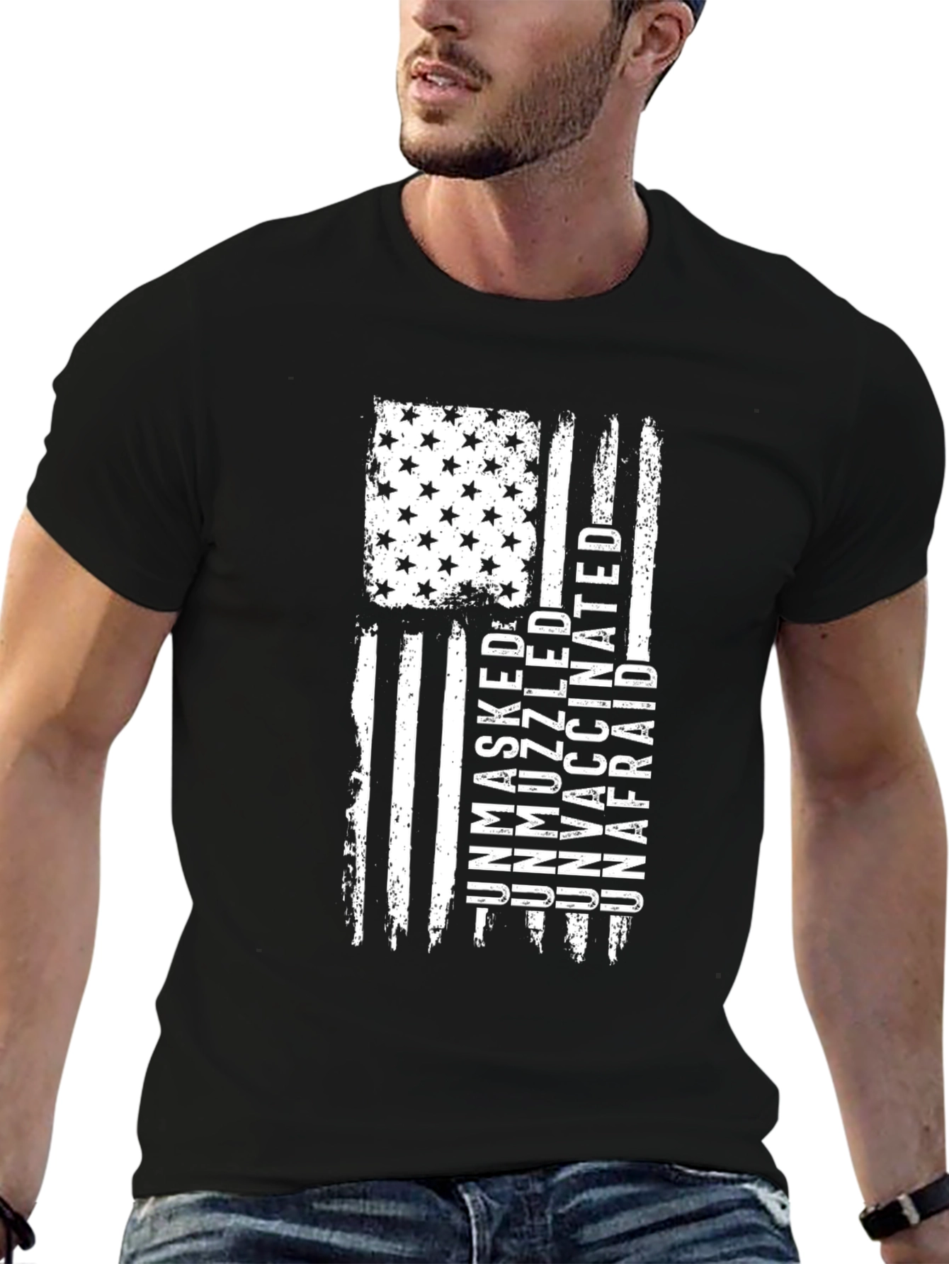 Unmasked Unmuzzled Unvaccinated Unafraid American Flag T-Shirt