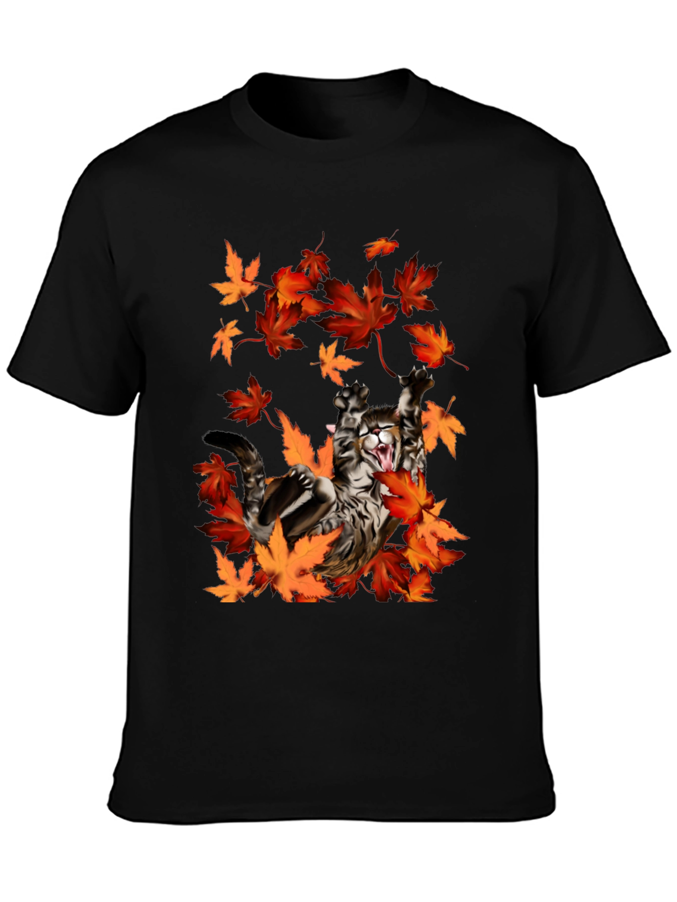 Cat in Autumn Leaves Black Graphic T-Shirt