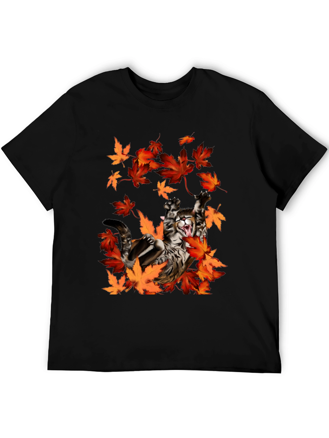 Cat in Autumn Leaves Black Graphic T-Shirt