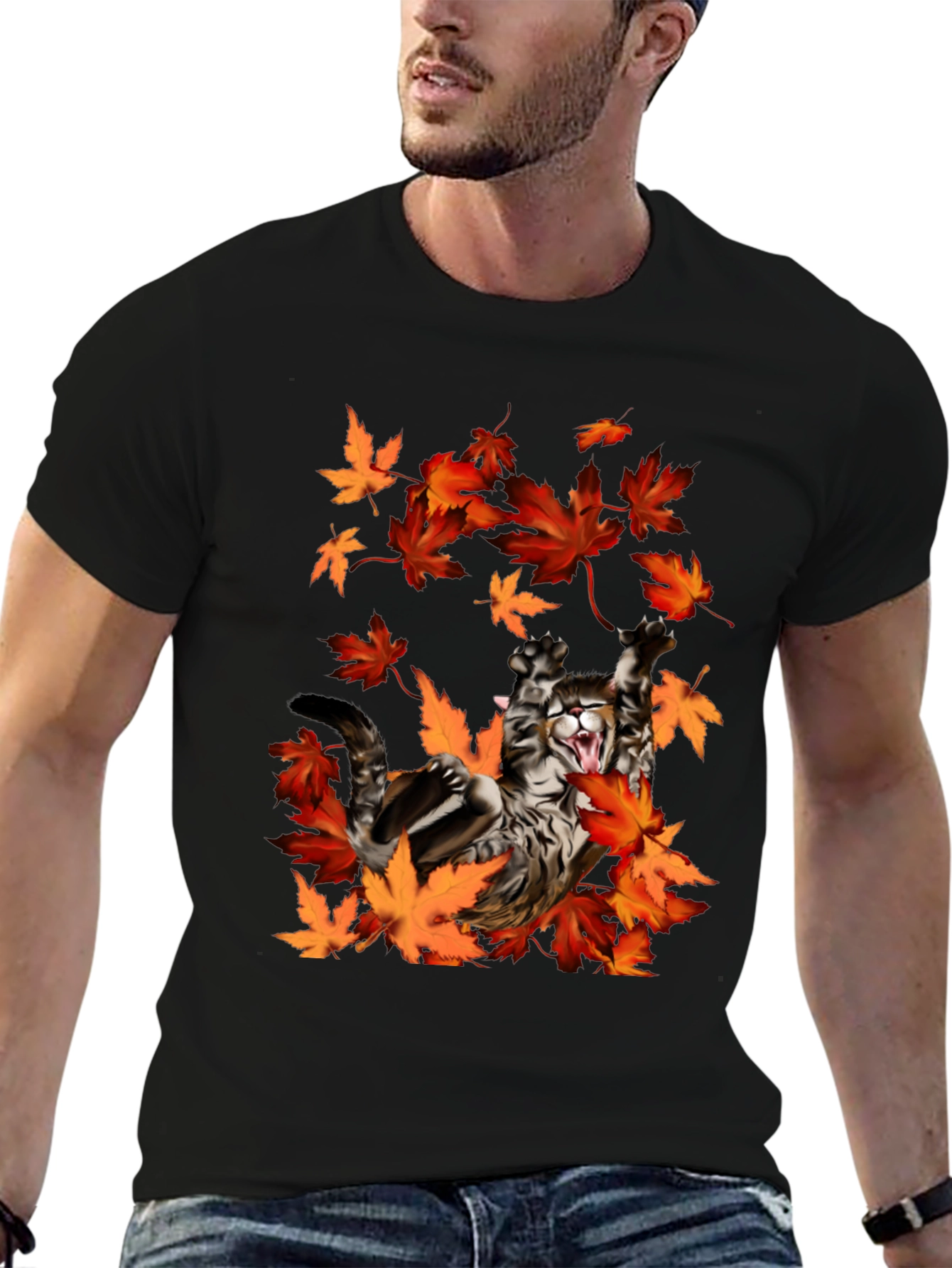 Cat in Autumn Leaves Black Graphic T-Shirt