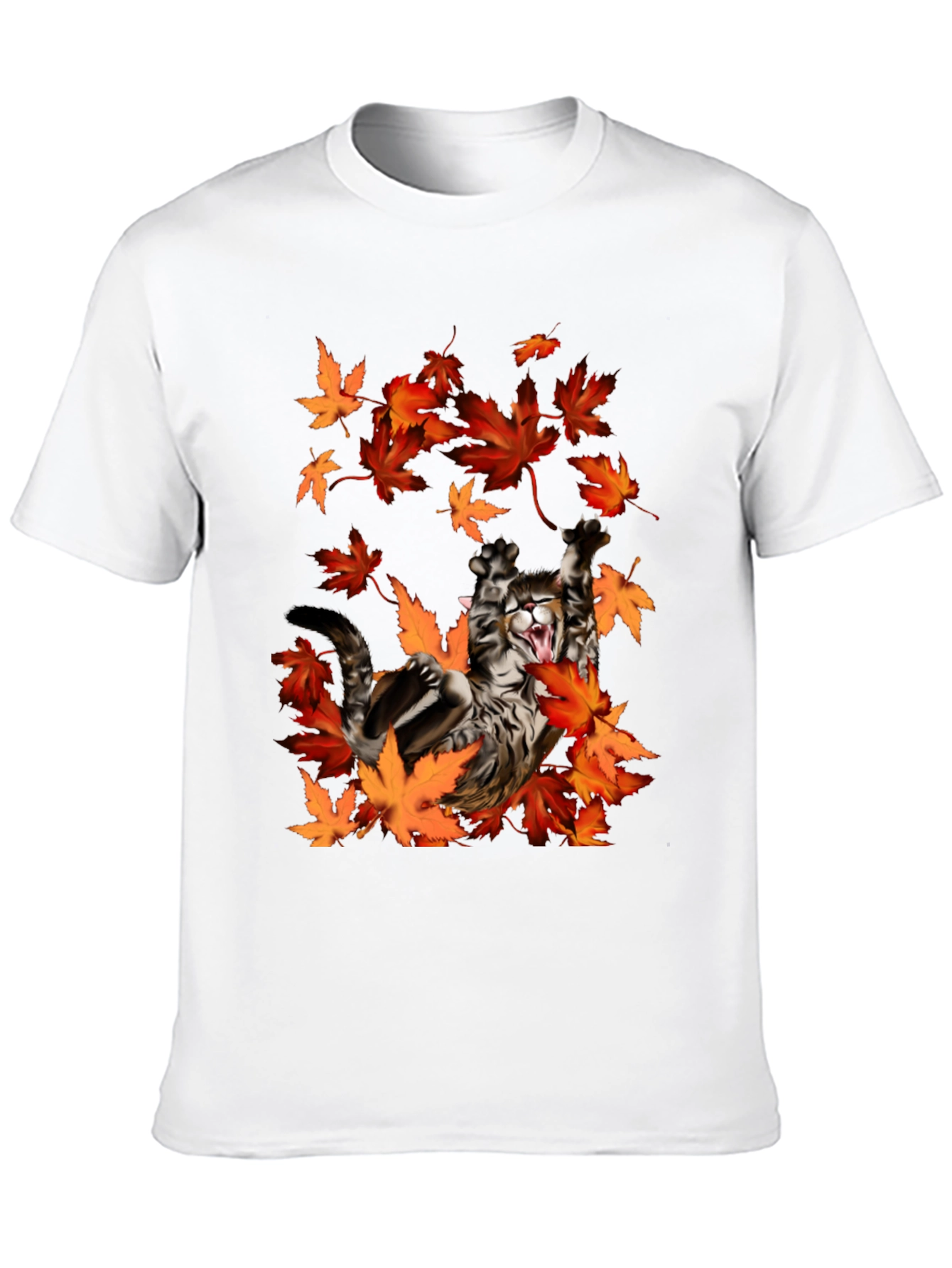 Cat in Autumn Leaves Black Graphic T-Shirt