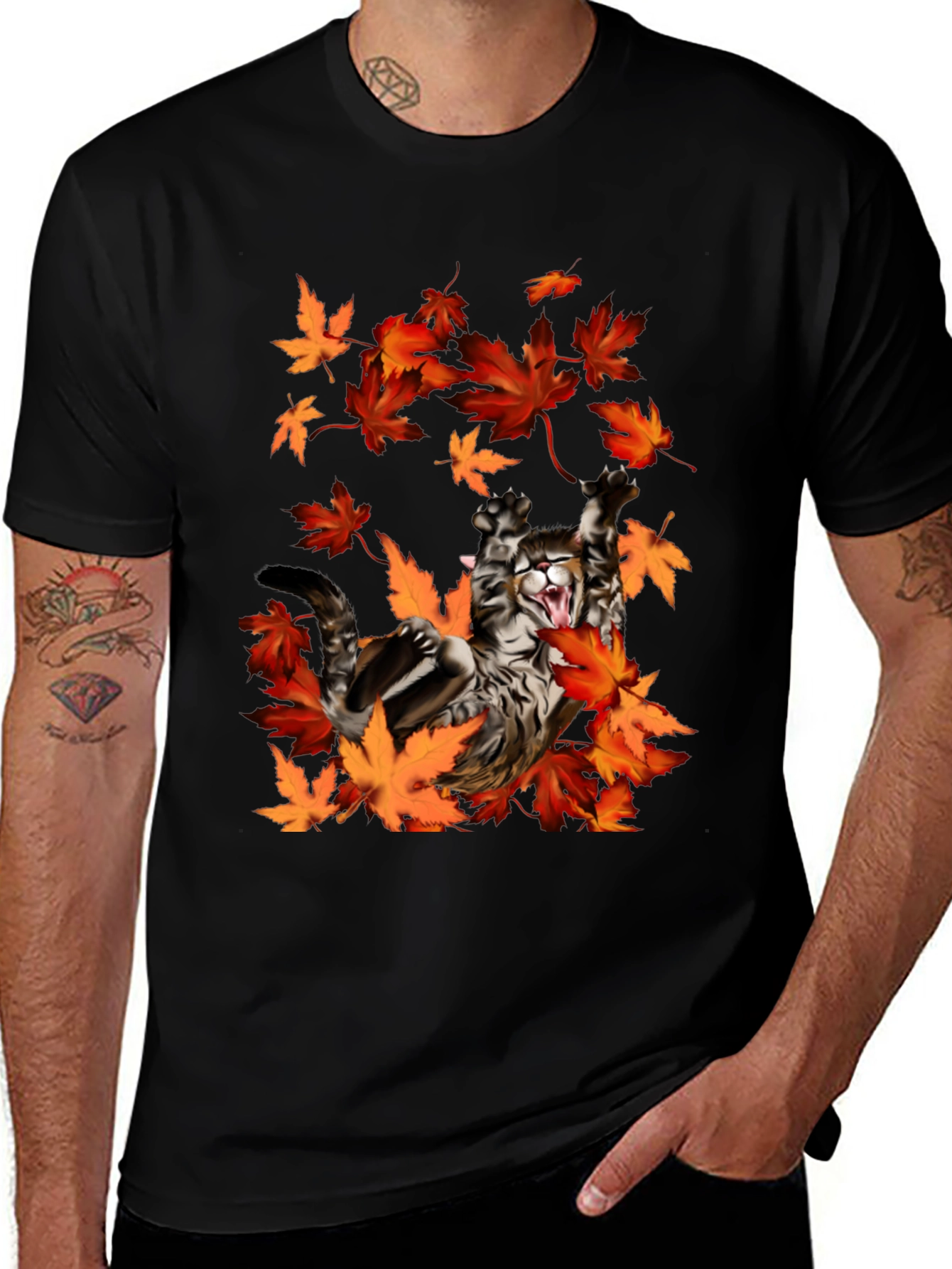 Cat in Autumn Leaves Black Graphic T-Shirt