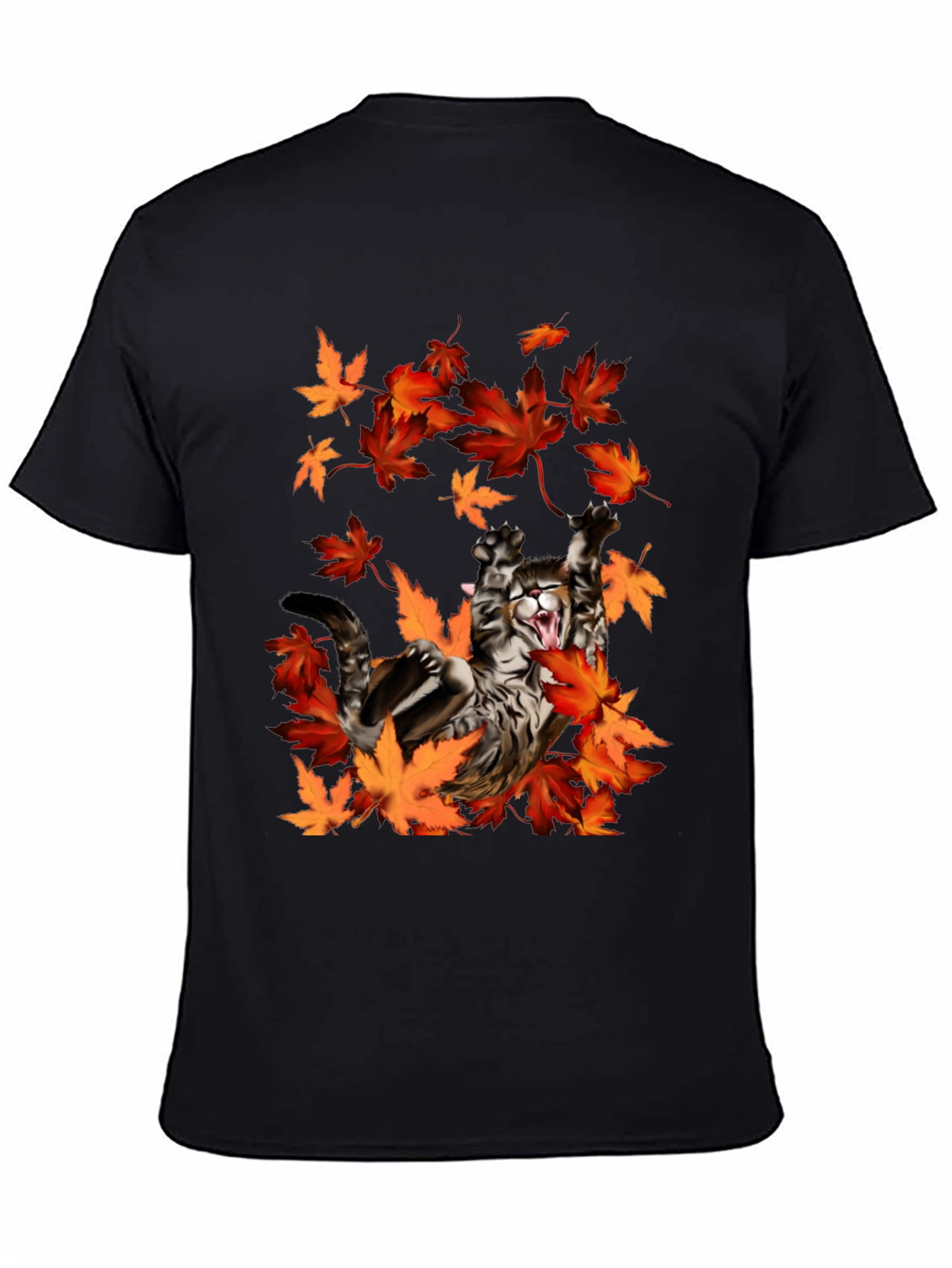 Cat in Autumn Leaves Black Graphic T-Shirt