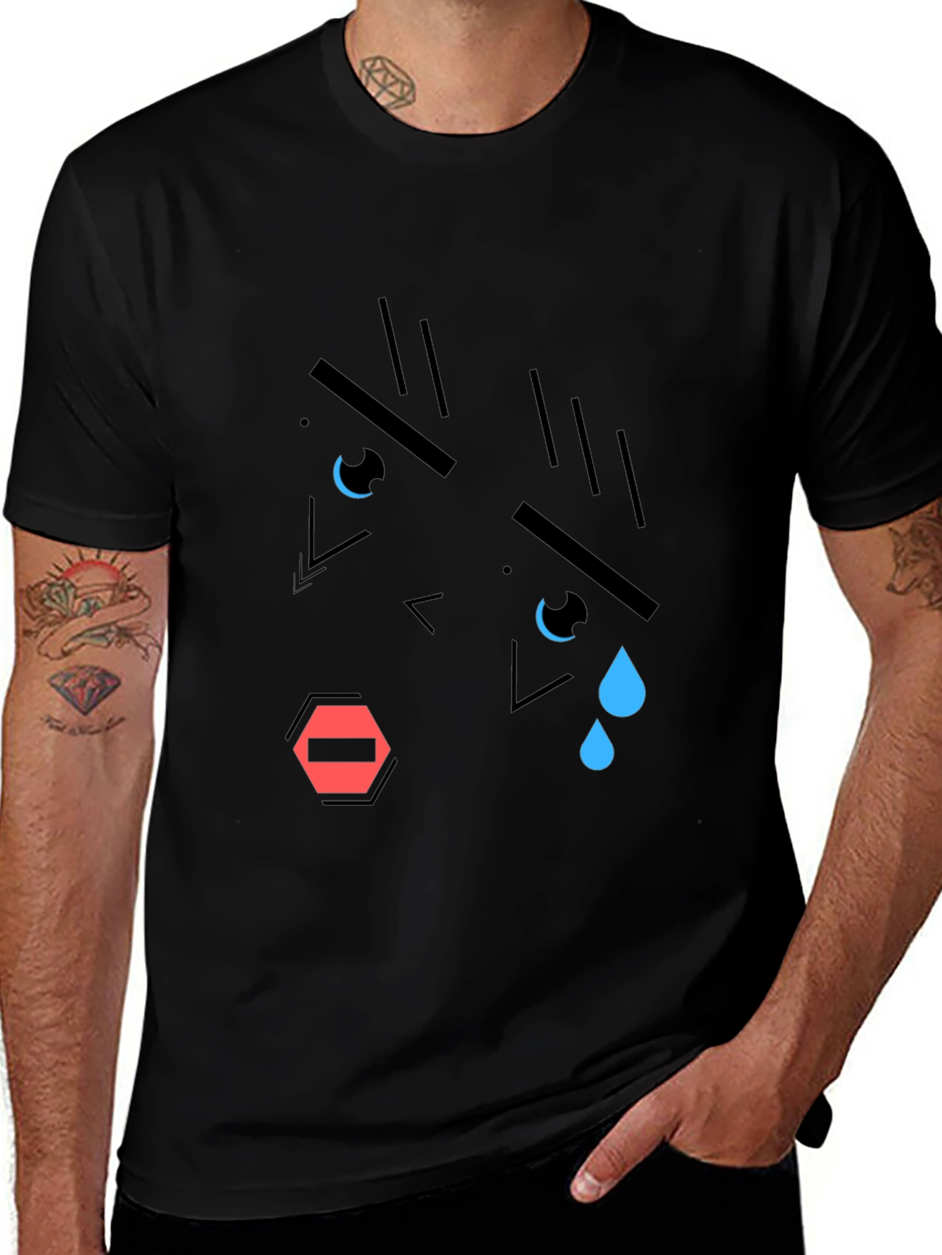 Geometric Crying Face T-Shirt - Black