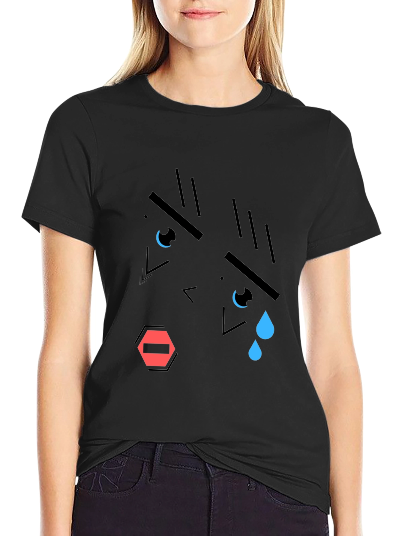 Geometric Crying Face T-Shirt - Black