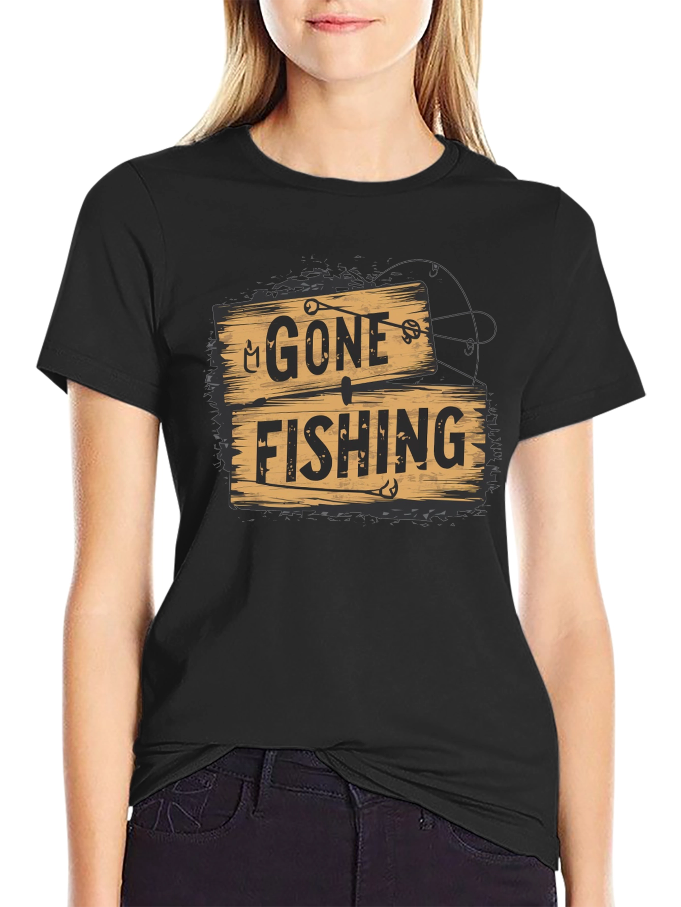 Gone Fishing Graphic Tee - Black Casual T-Shirt