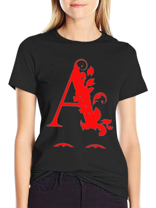 Red Floral A Print Black T-Shirt