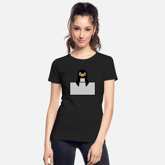 Silly penguin behind sign