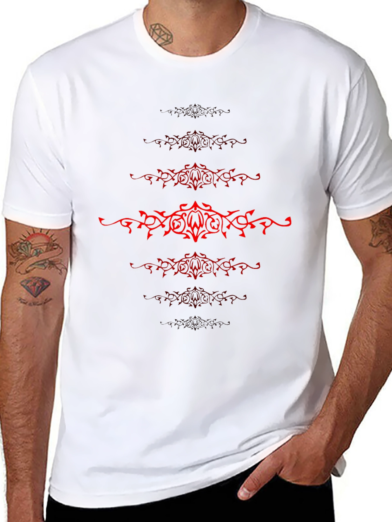 Mens Black T-Shirt with Red Tribal Design