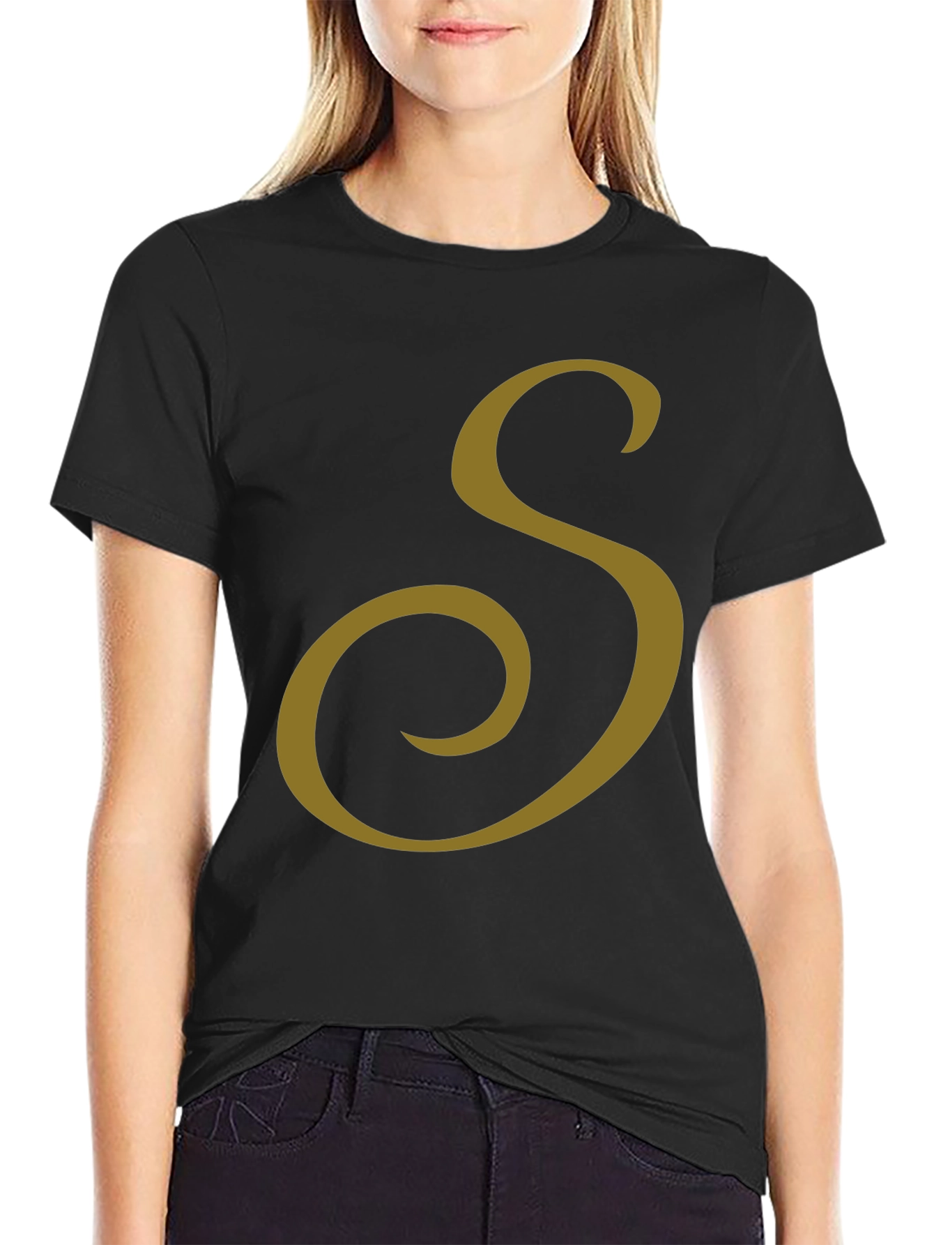 Black T-Shirt with Gold Letter S Design