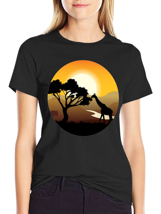 African Sunset Giraffe Black T-Shirt