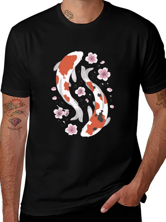 Koi Fish Graphic Tee - Black Cotton T-Shirt