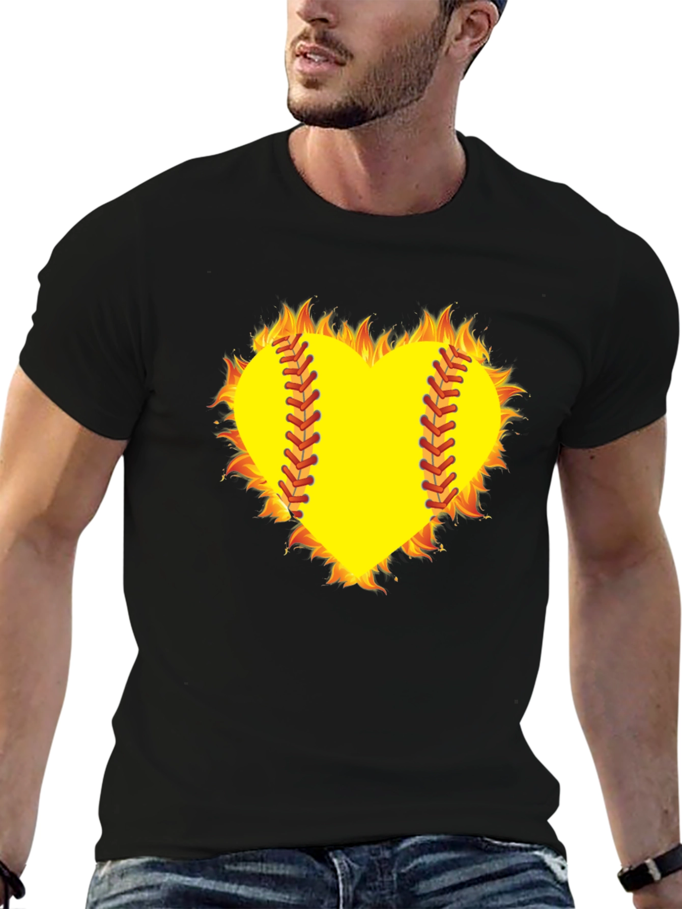 Fiery Softball Heart T-Shirt - Black