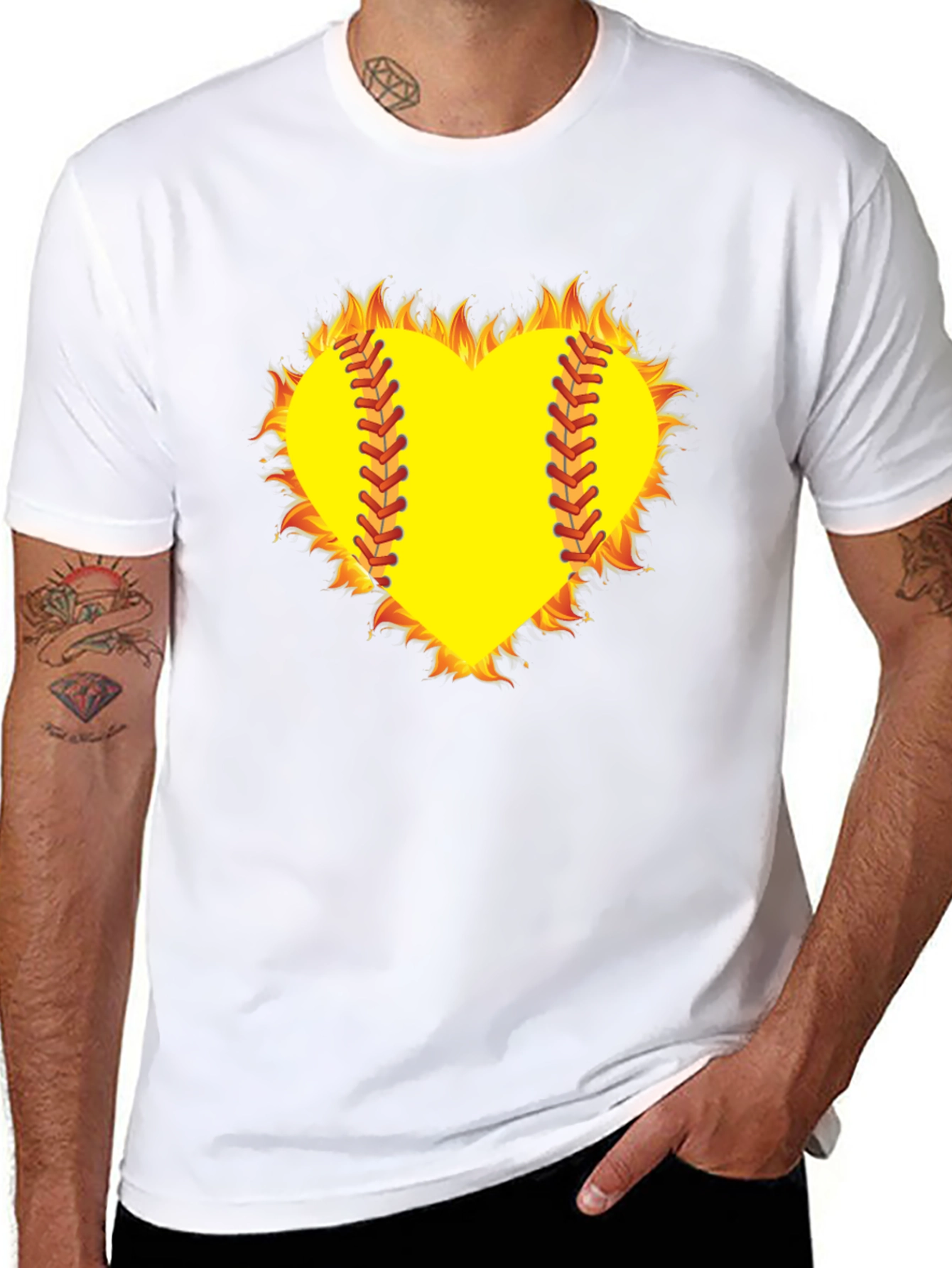 Fiery Softball Heart T-Shirt - Black