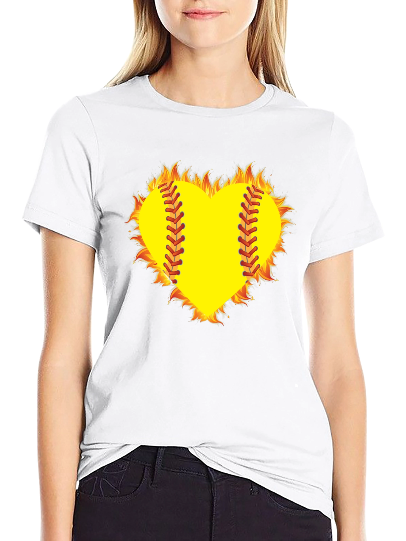 Fiery Softball Heart T-Shirt - Black
