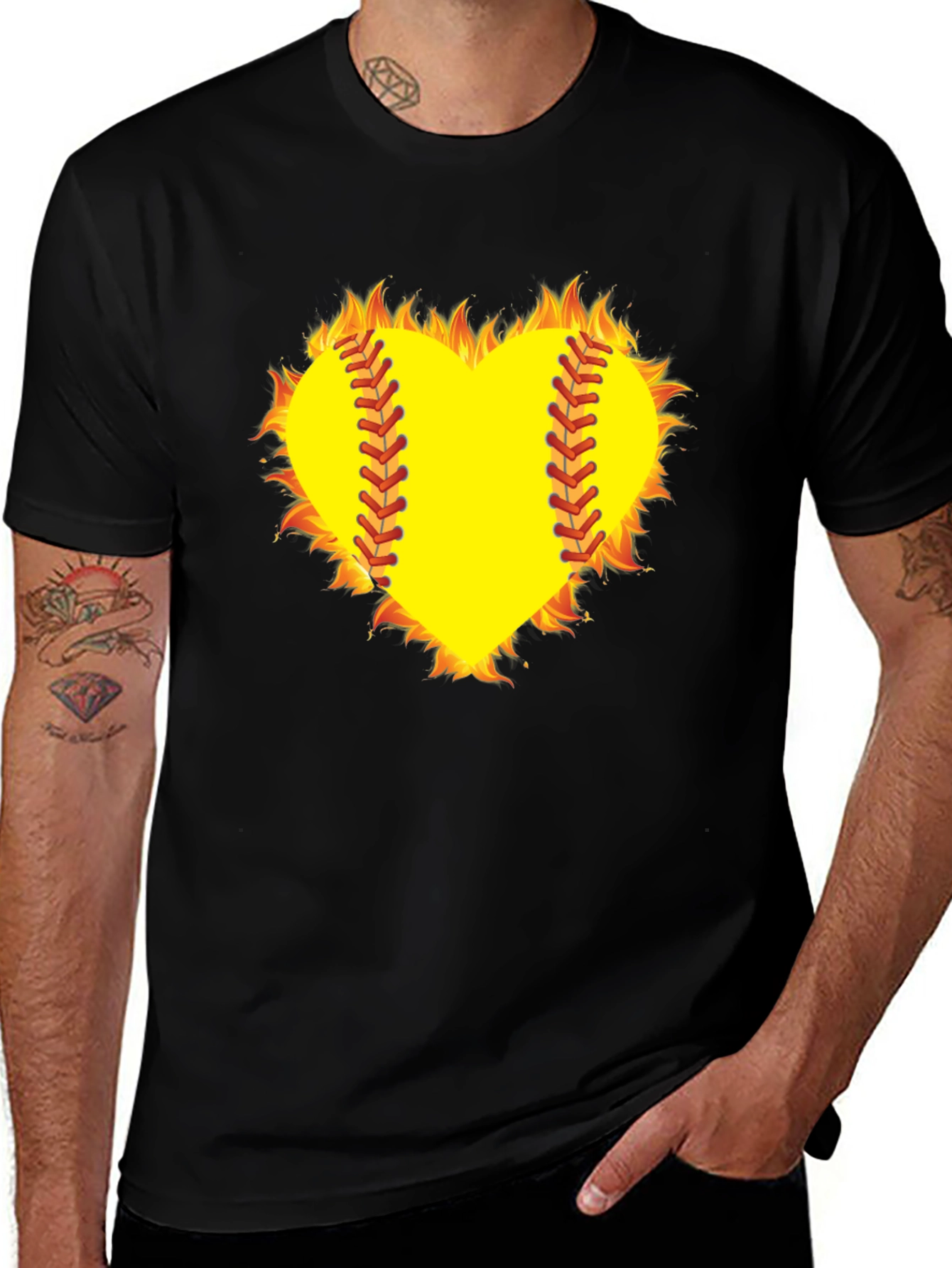 Fiery Softball Heart T-Shirt - Black