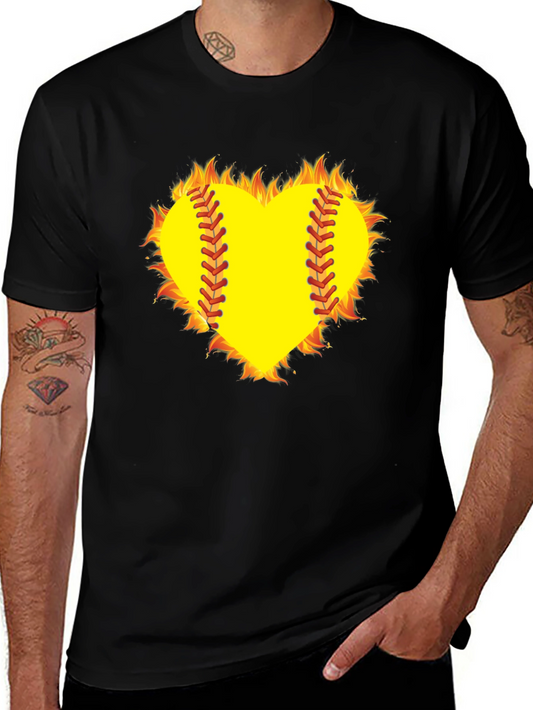 Fiery Softball Heart T-Shirt - Black