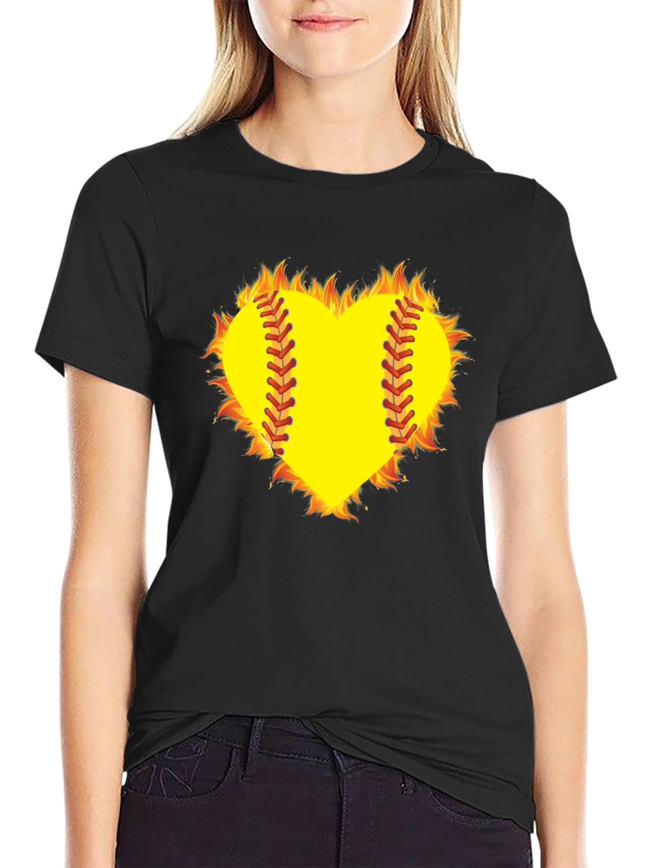 Fiery Softball Heart T-Shirt - Black