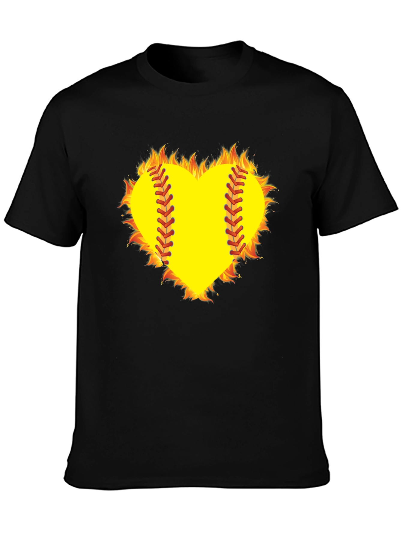 Fiery Softball Heart T-Shirt - Black