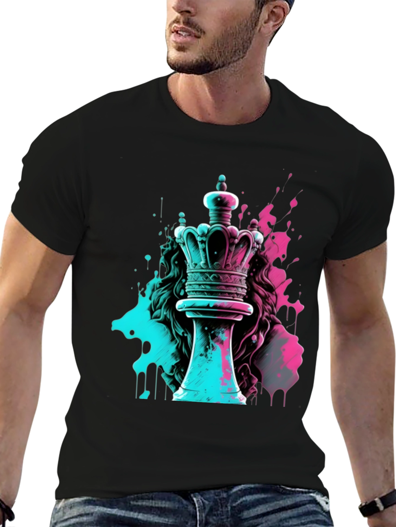 Neon Chess Queen Graphic Tee - Mens Black T-Shirt
