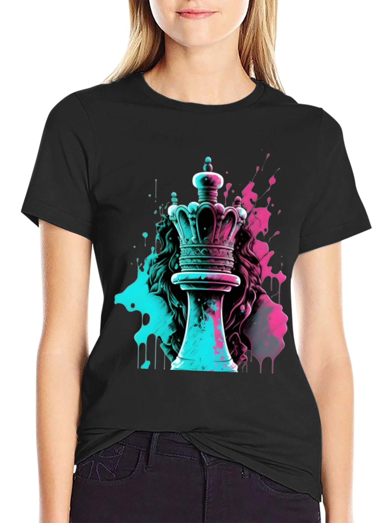 Neon Chess Queen Graphic Tee - Mens Black T-Shirt