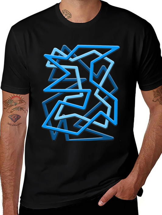 Geometric Blue Line Art Black T-Shirt