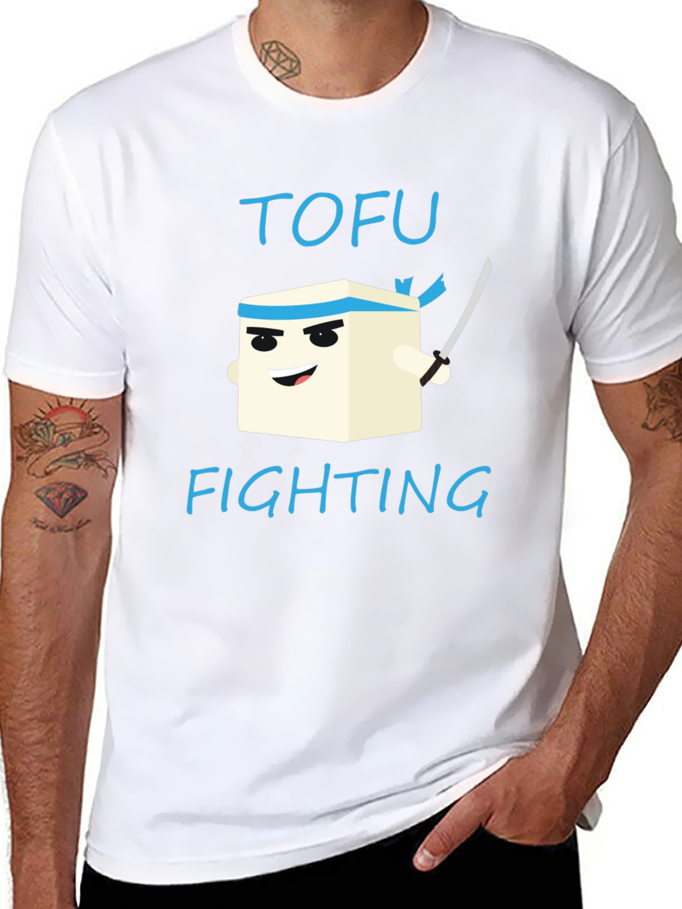 Tofu Fighting Graphic T-Shirt - Black Crew Neck Tee