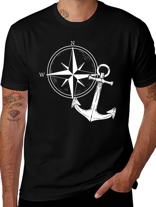 Nautical Anchor & Compass Graphic Tee - Black Cotton
