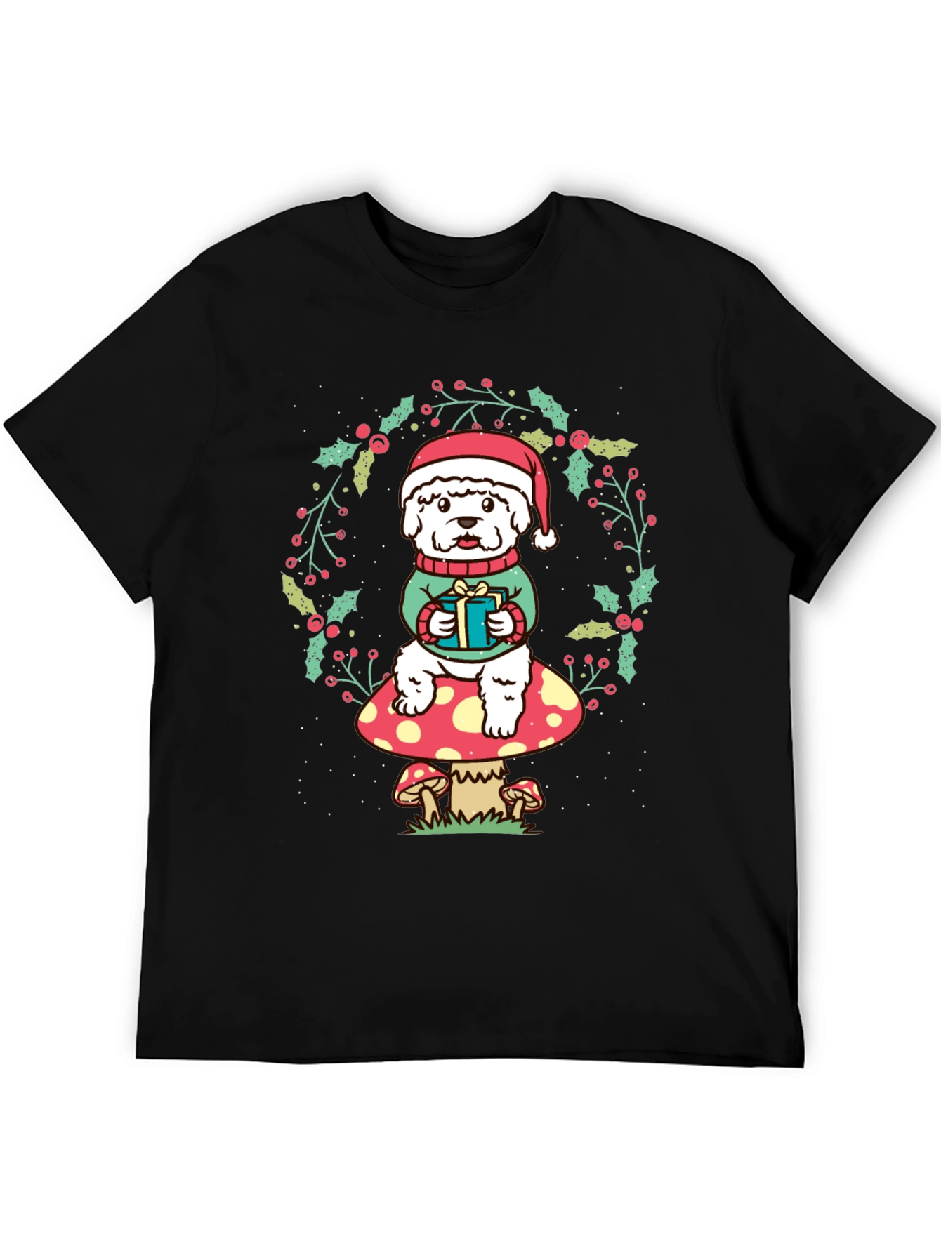 Festive Dog on Mushroom Christmas T-Shirt