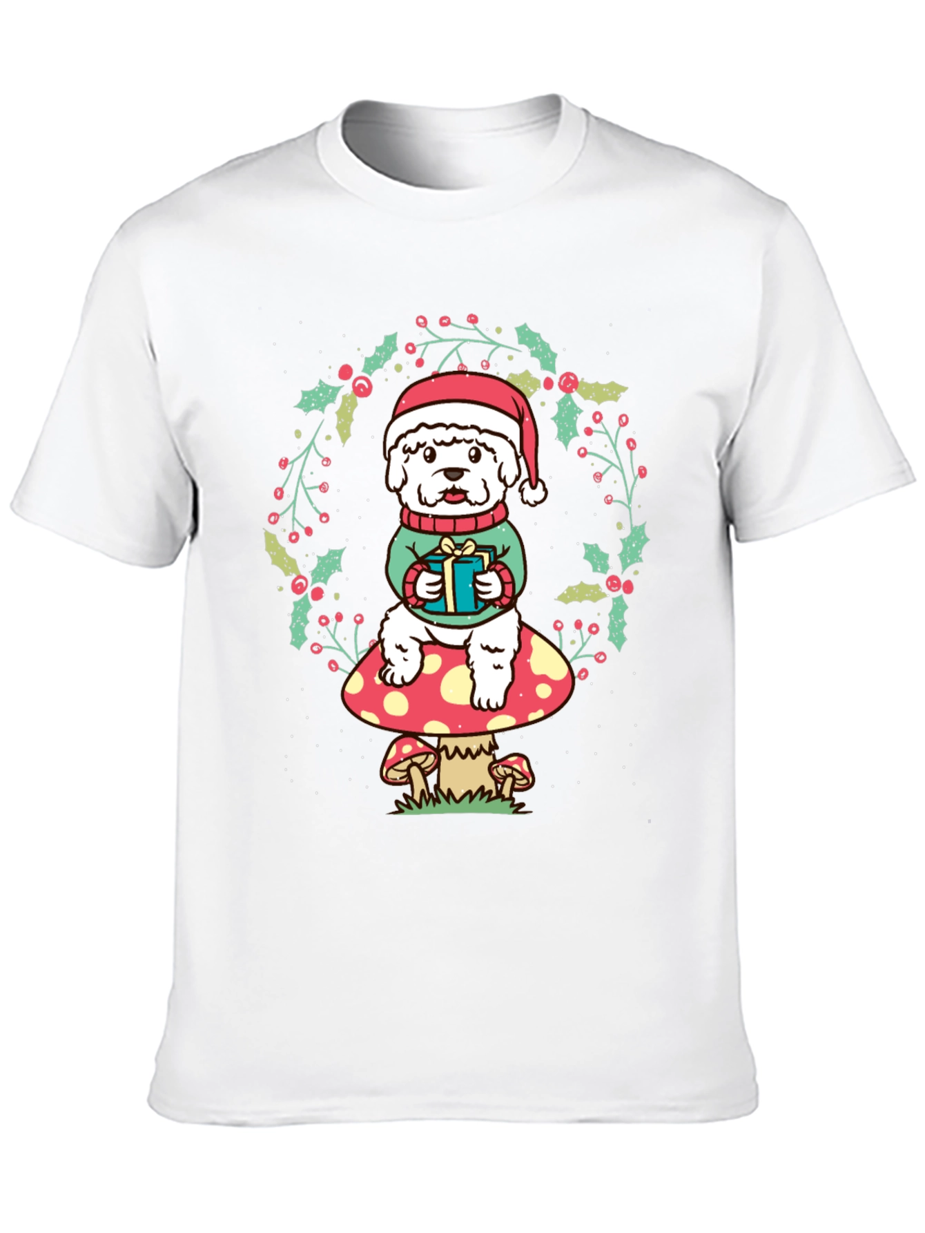 Festive Dog on Mushroom Christmas T-Shirt